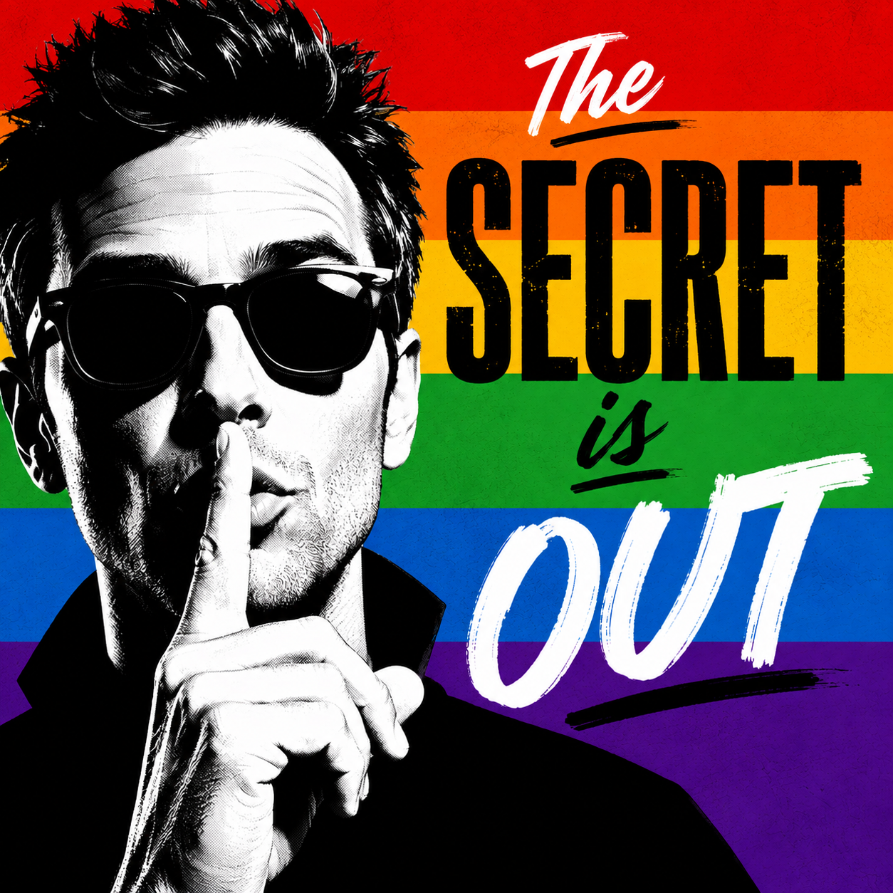 The Secret Is Out podcast artwork: a man in sunglasses holding a finger to his lips against rainbow stripes